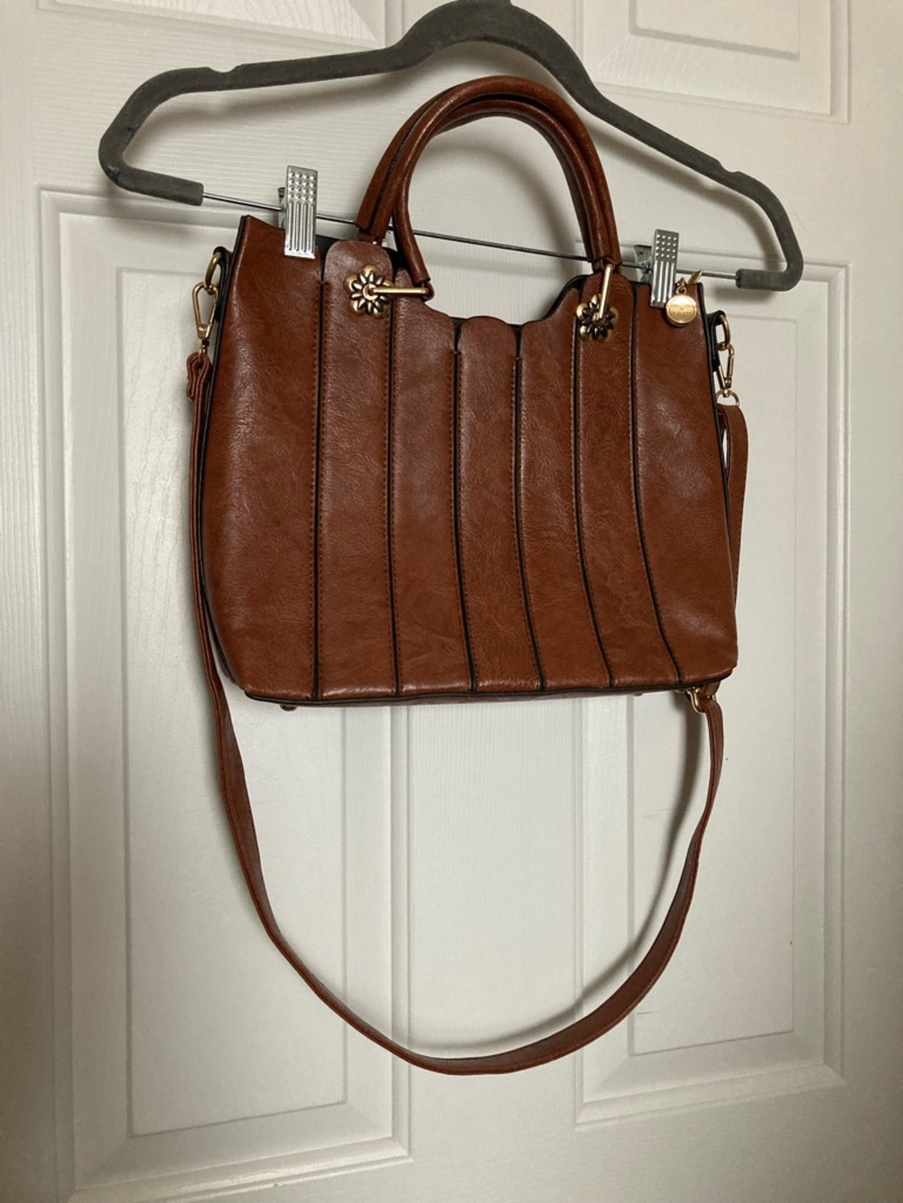Elegant Brown Panelled Satchel with Removable Strap